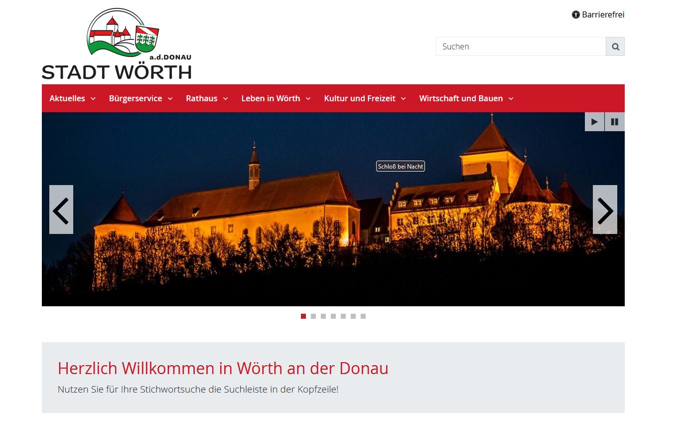 Ausschnitt der Startseite der Website Wörth an der Donau